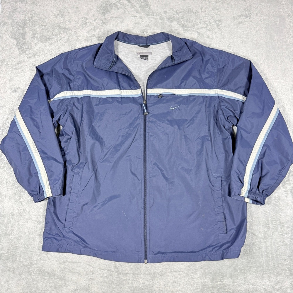 Nike Mens XXL Windbreaker Y2K Jacket Navy Blue Striped Lined Full Zip